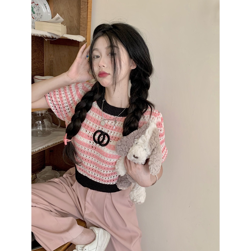 Cocory vn Áo Thun Tay Ngắn Dáng Ôm Họa Tiết Kẻ Sọc Quyến Rũ Thời Trang Mùa Hè Mới Cho Nữ