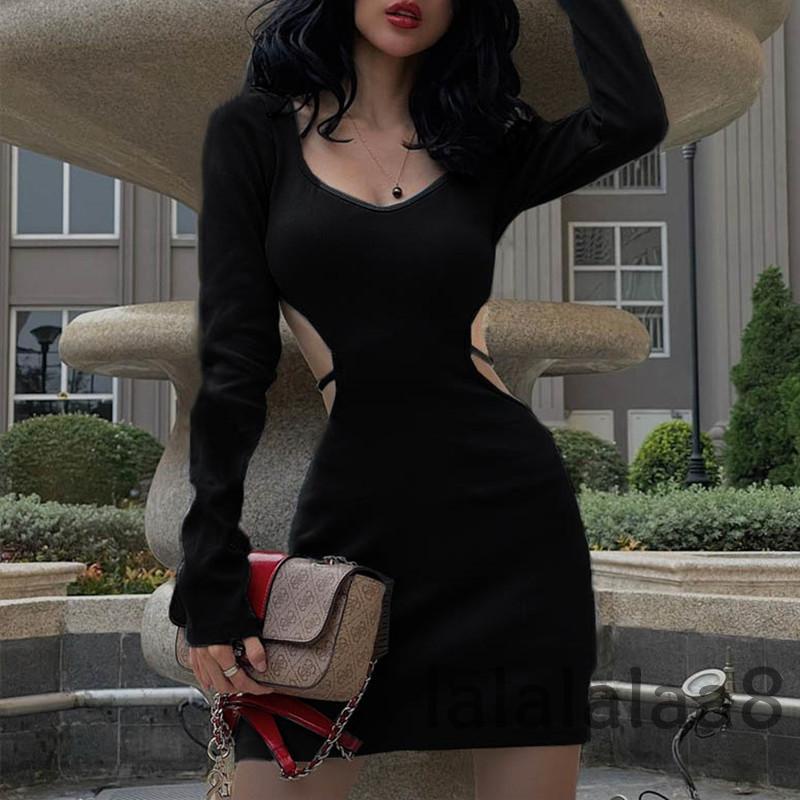 YS-Women Solid Color Long Sleeve Spring Wrapped Hip Dress | BigBuy360 - bigbuy360.vn