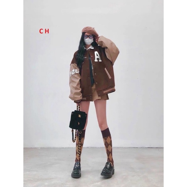 Áo khoác bomber jacket nam nữ phối Nâu Boin Chữ A  In Lucky, chất da cá dày siêu đẹp; Trend 2022