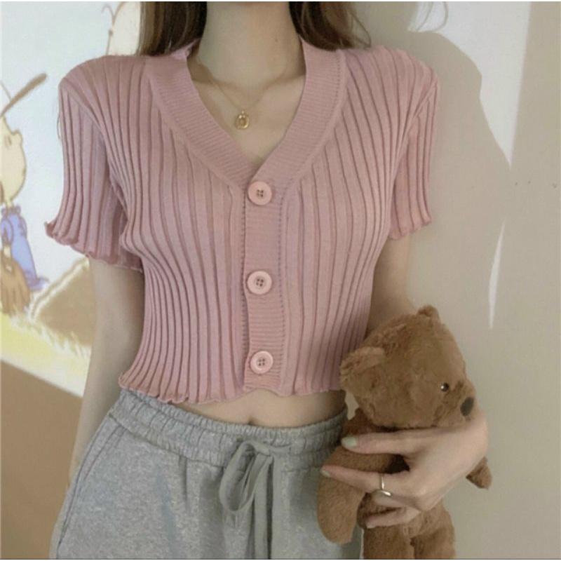 Áo croptop gân đũa tay ngắn nút to(A15