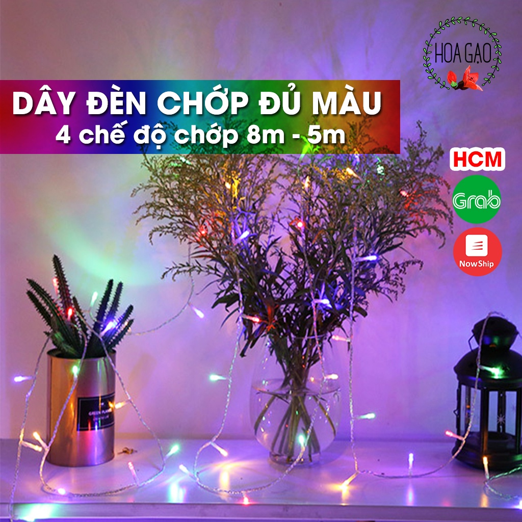 Dây đèn led trang trí sinh nhật noel Tết CHỚP đủ màu 8m 5m  décor HOA GẠO RV2 4 chế độ chớp đầu kim cương nhọn