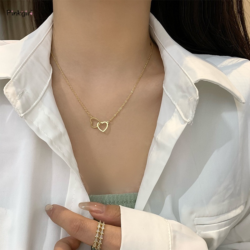 1 Vòng cổ Hình Trái Tim Đôi Bằng Thép Không Gỉ Mạ Vàng/ Bạc Thời Trang Cho Nữ