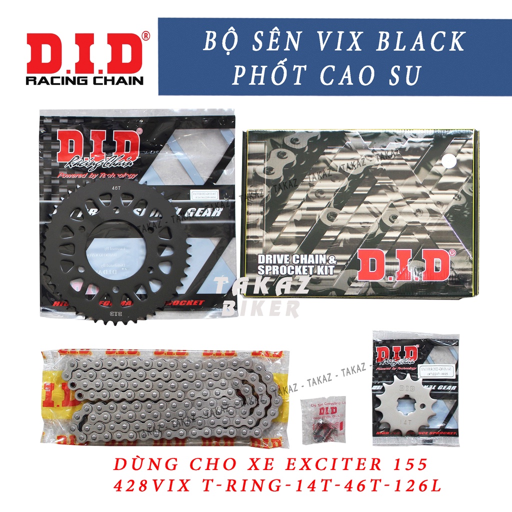 Bộ nhông sên dĩa DID xe Exciter 155cc sên phốt cao su hoặc sên đen 10ly