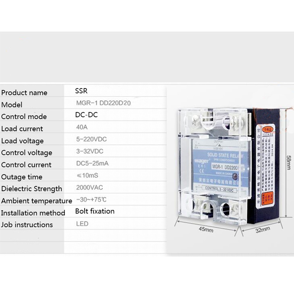 1 Rơ Le Bán Dẫn Mager Ssr-20a Dc-dc Mgr-1dd220d20 Đầu Ra 3-32vdc 5-220vdc Điều Khiển 5-25madc