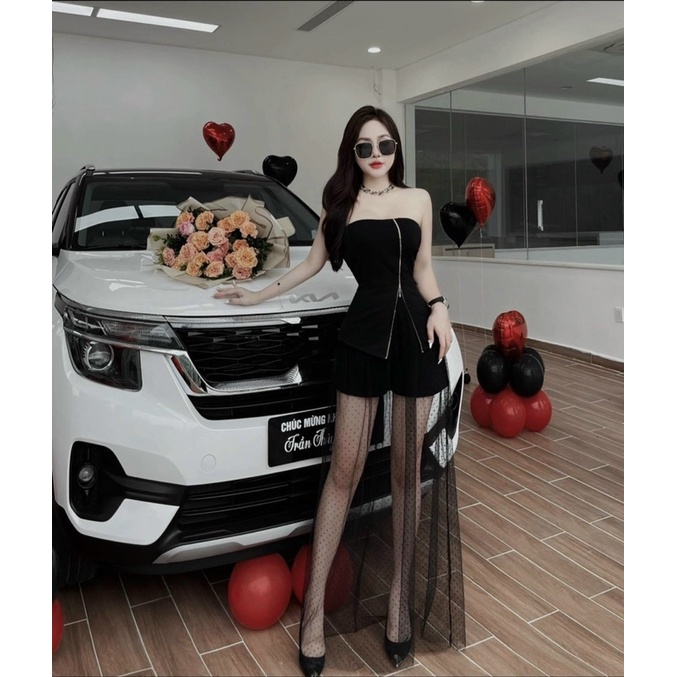 Set đen áo cúp ngực dây kéo chân váy lưới bi sexy Đầm váy đi chơi dự tiệc sang trọng quý phái hotgirl tk party sinh nhật
