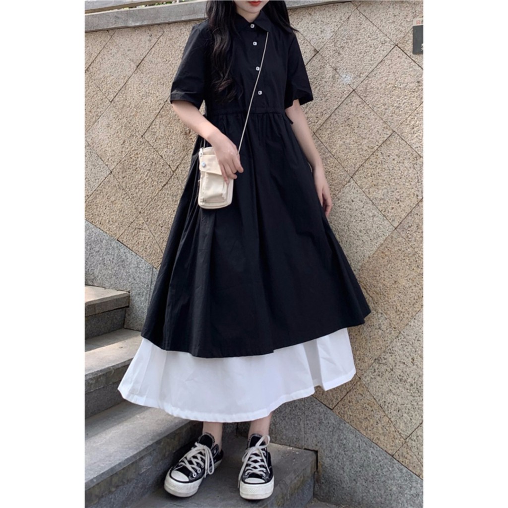 Váy xòe dài màu đen phối 2 tầng màu trắng style retro nữ sinh Hàn Quốc