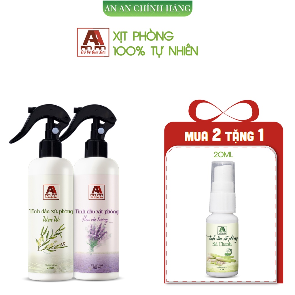 Xịt Thơm Phòng Tinh Dầu Sả Chanh/Bạc Hà/Oải Hương/Tràm Trà/ Quế/Cam 250ml - Xịt Phòng An An khử mùi đuổi muỗi hiệu quả.