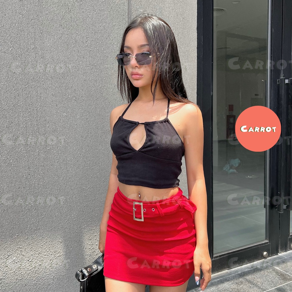 Áo croptop thiết kế khoét ngực 2 dây chân váy đỏ ôm body sexy chất vải cao cấp đi chơi đi du lịch carrotxinhdep