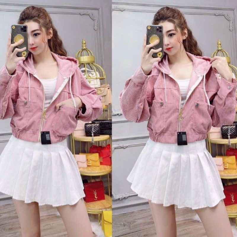 [hàng đẹp]áo khoác nhung gân kiểu bomber phối nón phong cách năng động