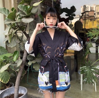 Haori Nữ Nhật Bản Chất Sơ Mi Lụa ( kèm dây cột eo rời )