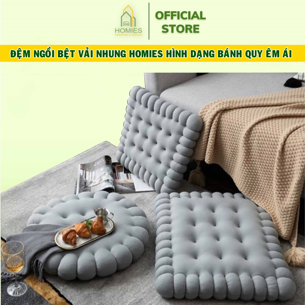 Đệm Ngồi Bệt HOMIES Bedding & Décor Hình Bánh Quy Vải Nhung Mềm Mại Êm Ái - Kích Thước 45cm x 40cm