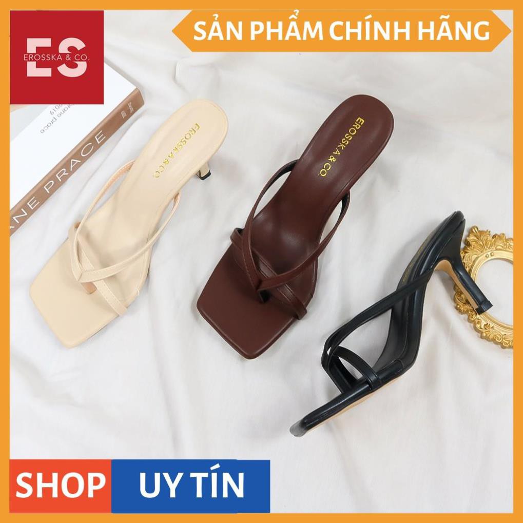 Dép cao gót thời trang Erosska mũi vuông kiểu dáng xỏ ngón phối dây quai mảnh  cao 7cm màu nâu đậm _ EM060 | BigBuy360 - bigbuy360.vn