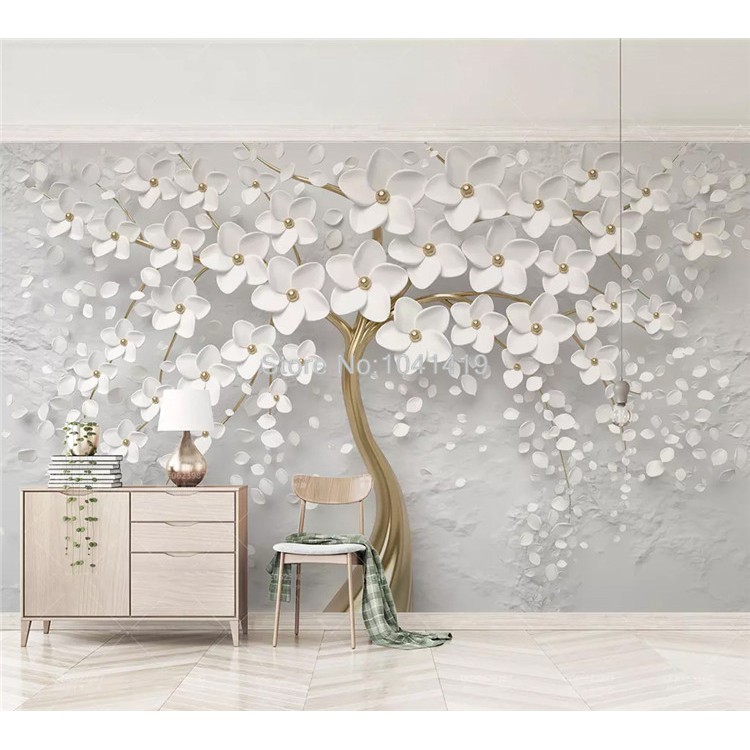 Giấy Dán Tường 3D Hình Hoa Màu Trắng Dùng Trang Trí Phòng Khách / Phòng Ngủ