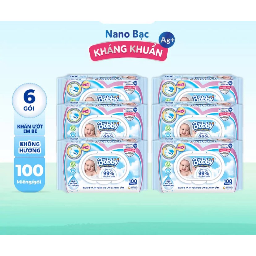 [Chính Hãng] Combo 6 gói Khăn Ướt Bobby Care Không mùi/ có hương 100 tờ