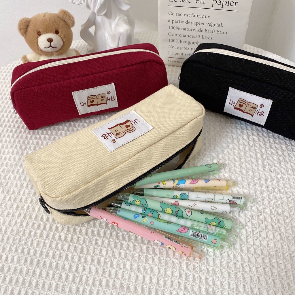 Túi Đựng Bút Bằng Vải Canvas Sức Chứa Lớn Màu Trơn Đơn Giản Có Khóa Kéo Dành Cho Học Sinh Nam Nữ