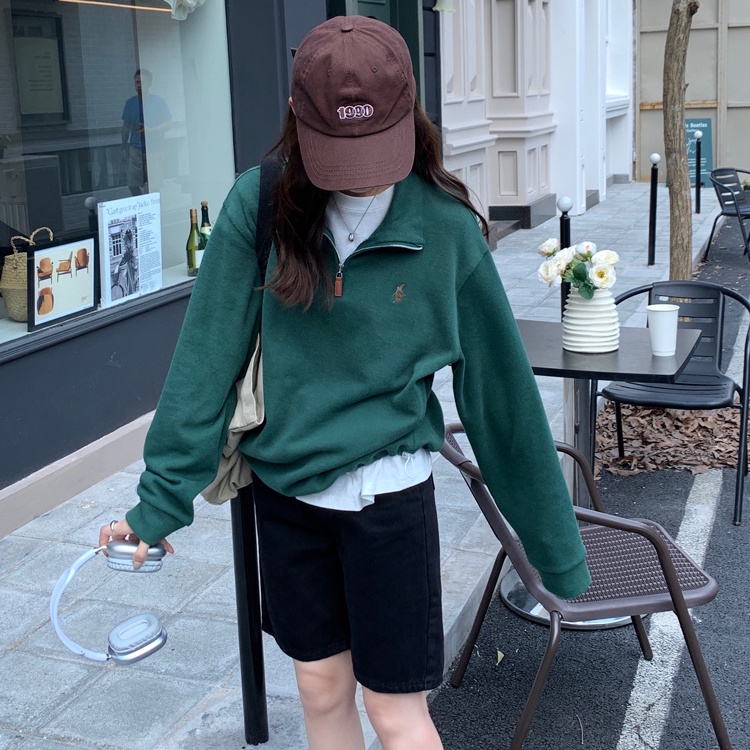 Áo Khoác Tay Dài Dáng Rộng Có Khóa Kéo Thêu Họa Tiết Xinh Xắn Thời Trang Mùa Thu 54911