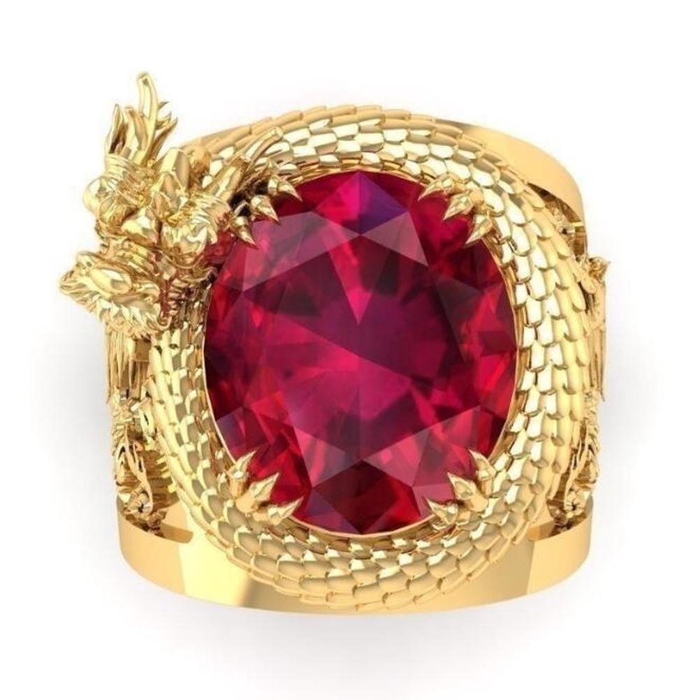 Nhẫn đeo ngón tay titan mạ vàng hình rồng 3D khảm đá ruby sang trọng cho nam