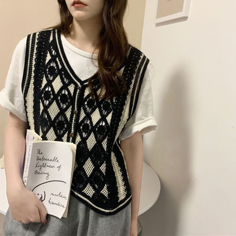 Áo Dệt Kim Sát Nách Cài Khuy In Họa Tiết Caro Trẻ Trung Cho Bạn Gái