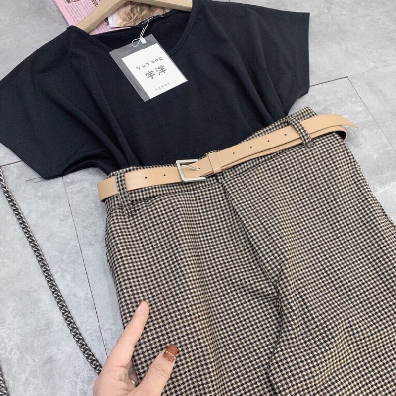 Sét đồ nữ 3 món SDT01 jumpsuit, áo pull cổ tim mix quần dài kẻ kèm đai thời trang trong bộ sưu tập quần áo công sở 2021