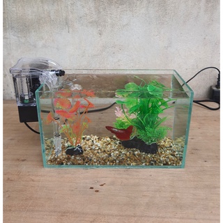 Bể cá mini 24 cm và 5 món (bể, sỏi nền, máy lọc, cây nhựa mini, cây nhựa vừa)