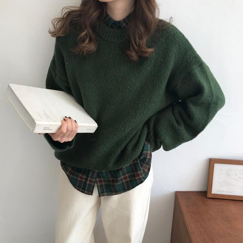 Set áo len tay dài dáng rộng + áo sơ mi kẻ sọc thời trang thu đông Hàn Quốc mới