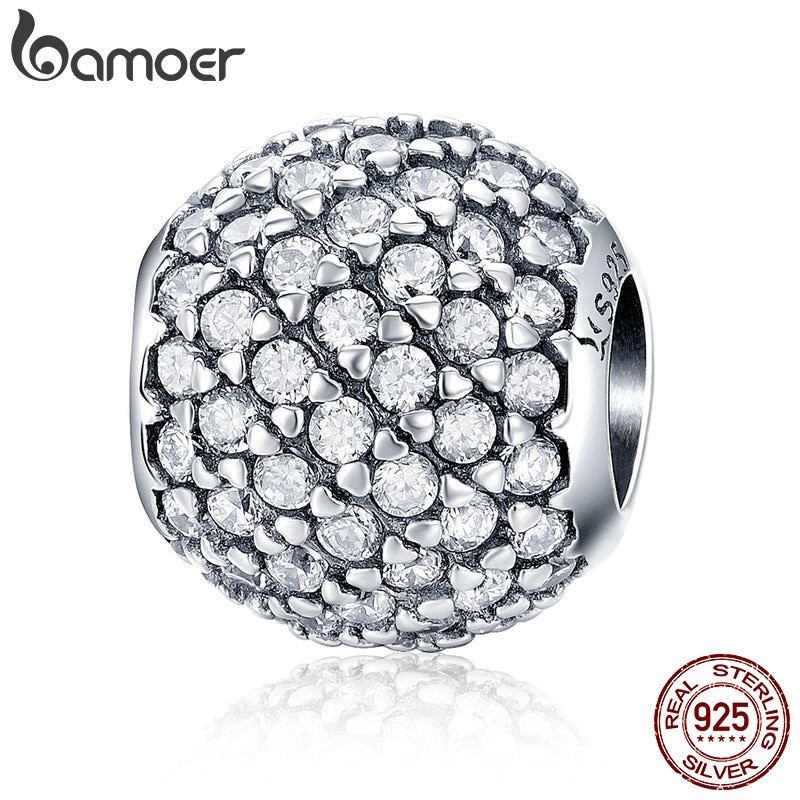 Hạt trang sức Bamoer SCC733 bằng bạc 925 hình tròn đính pha lê CZ làm trang sức cho nữ