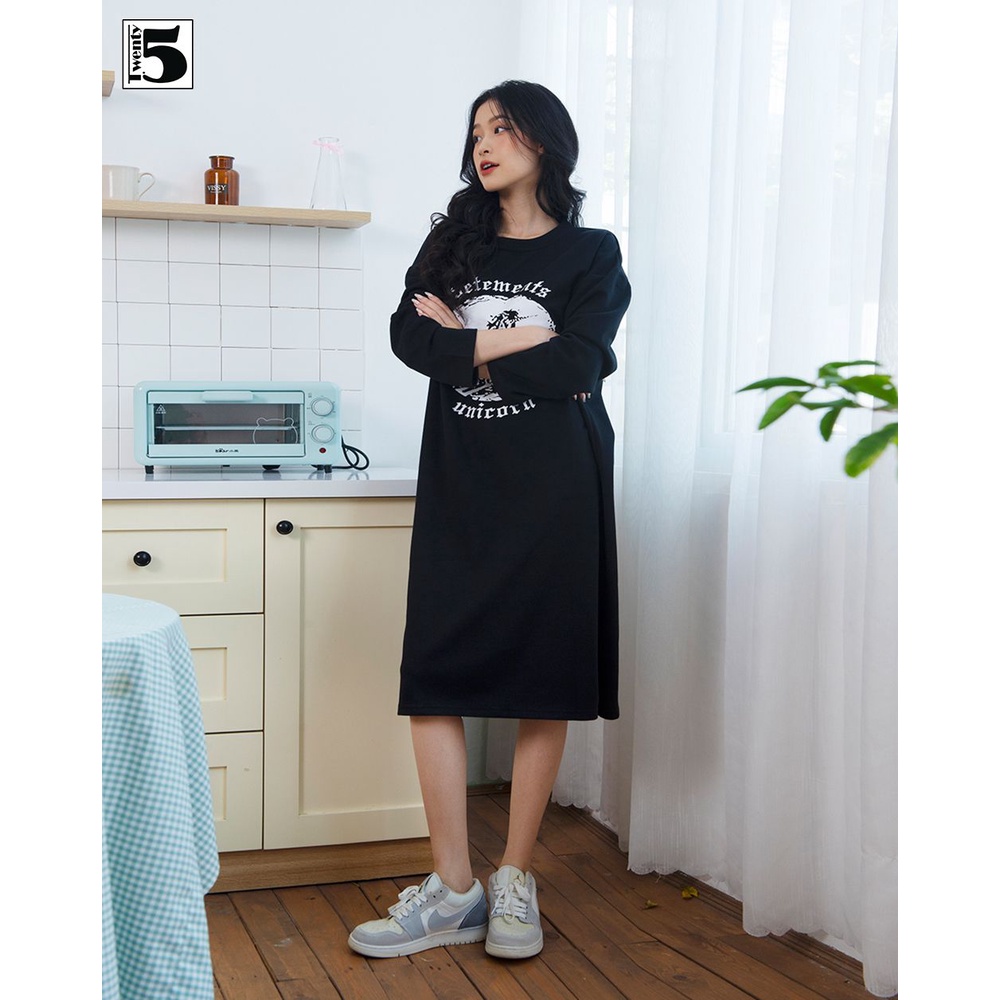 Đầm váy suông rộng midi dài tay xẻ sườn chất cotton in họa tiết Twentyfive 4192