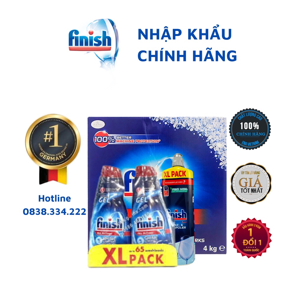 Combo Gel rửa chén bát cho máy All in 1 Max 1.3L + Muối 4kg + Bóng 750ml Chính hãng