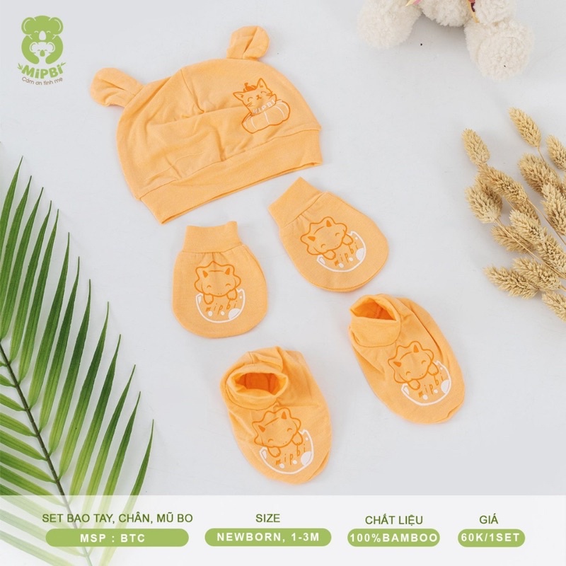 Set Bao Tay, Bao Chân Và Mũ Mipbi Cao Cấp 100% Sợi Tre Siêu Mềm Mịn Cho Bé