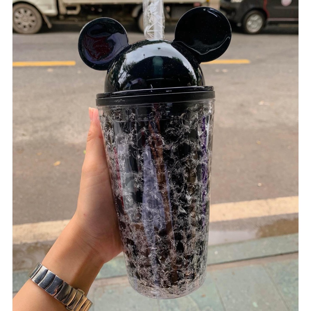 Cốc uống nước mickey kèm ống hút thiết kế 2 lớp giữ nhiệt ép đá lấp lánh