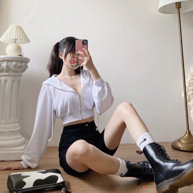 femi.lab Áo khoác croptop bo eo có nón, áo khoác nỉ ngắn(Croptop Zip Hoodie)