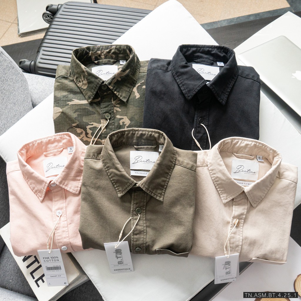 Áo sơ mi nam cổ đức dài tay vải kaki wash garment - BENTINO