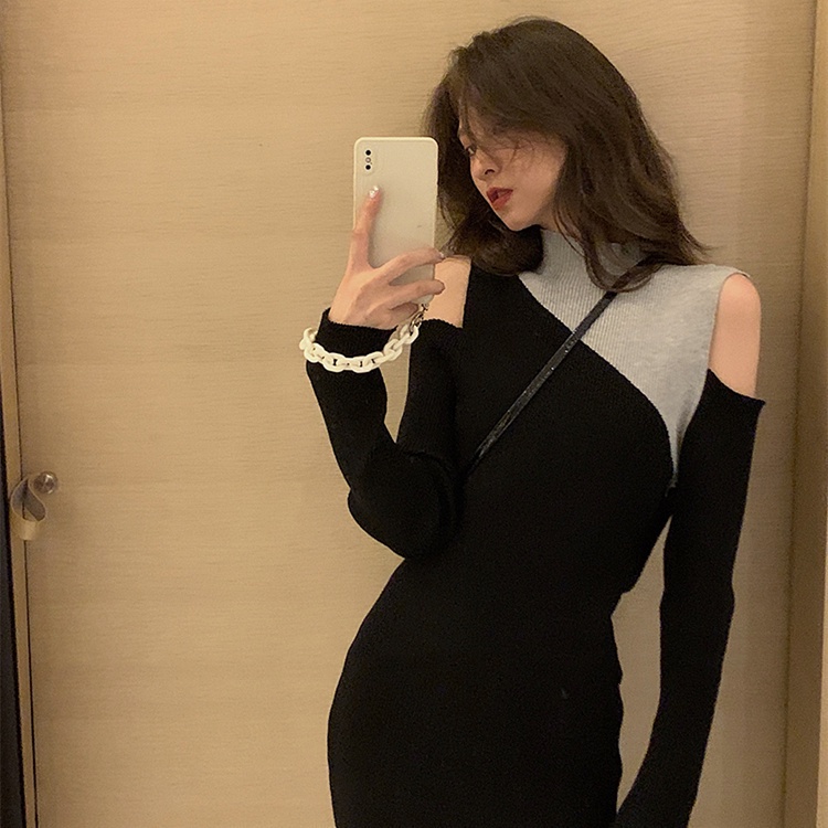 Đầm midi SUXI cổ cao tay dài thiết kế hở vai phong cách Hàn Quốc thời trang mới