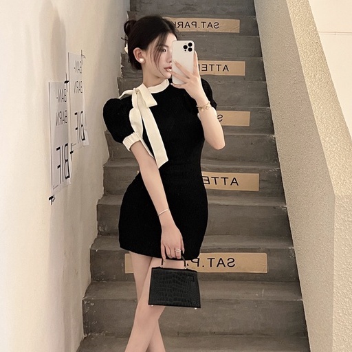 Đầm Đen Tay Ngắn Cổ Tròn Nhấn Eo Phong Cách Pháp Thời Trang Mùa Hè Quyến Rũ Cho Nữ