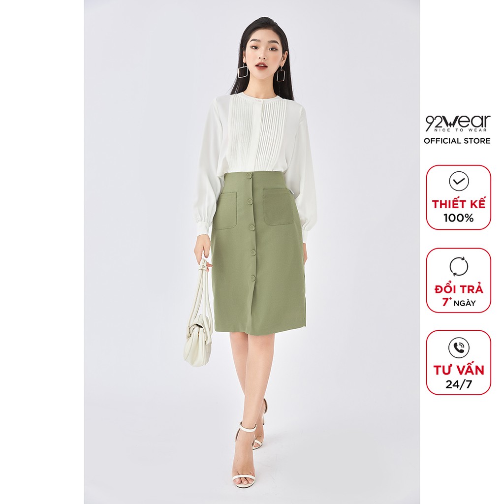 Áo sơ mi nữ công sở 92WEAR thiết kế dài tay xếp ly ngực ASA1321