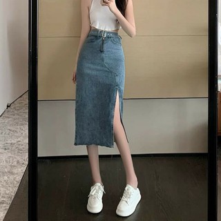 Chân váy bò xẻ chéo dáng dài, chân váy jeans bút chì mẫu mới nhất