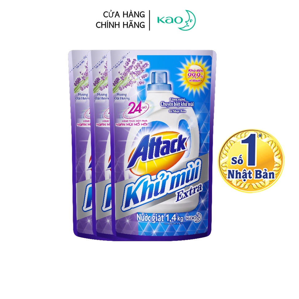 [Mã FMCGKAO52 giảm 8% đơn 250k] Combo 3 Nước giặt Attack Khử Mùi Extra Hương Oải Hương túi 1.4kg