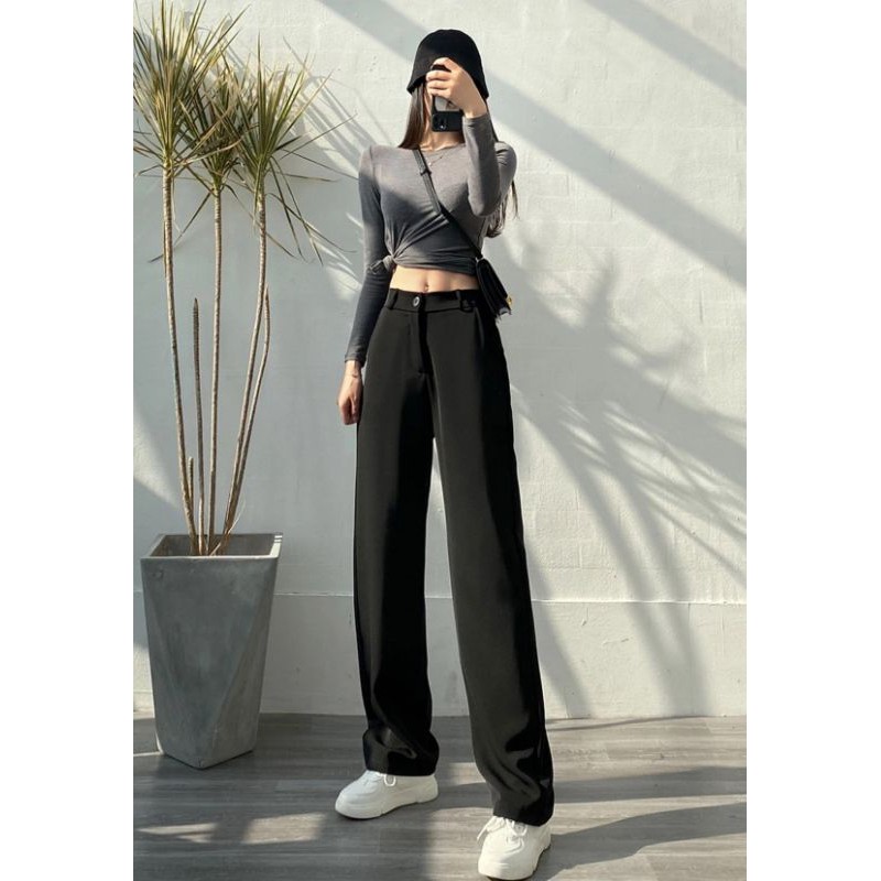 Quần ống suông nữ lưng cao vải mền chất vải tuyết mưa Kiểu Dáng Quần ống rộng đen học sinh thể thao mặc công sở đi học