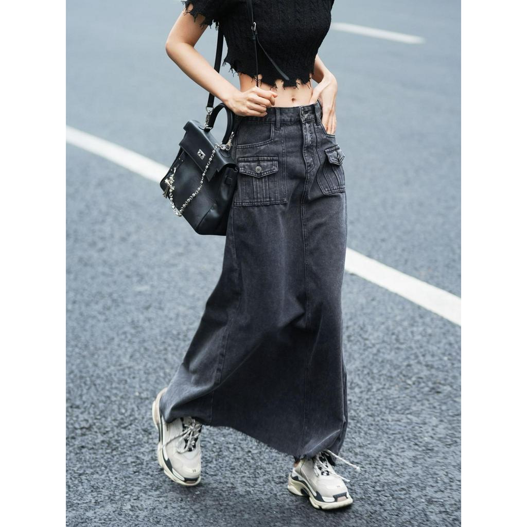 V20 - Chân váy jeans dáng dài bay túi hộp tua rua xẻ sau #7173