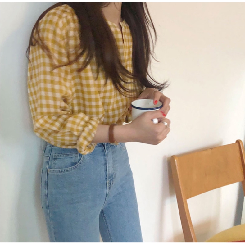 SUXI Áo sơ mi sọc caro giản dị màu vàng thời trang phong cách Hàn Quốc