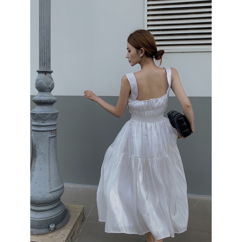Váy Đầm Hai Dây Nhún Eo Dáng Dài Màu Trắng EDINI - D1404 | BigBuy360 - bigbuy360.vn