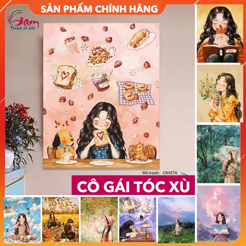 Tranh tự tô màu theo số 🏵 CHÍNH HÃNG GAM 🏵 Tranh sơn dầu số hoá cô gái tóc xù có sẵn căng khung 2.5cm