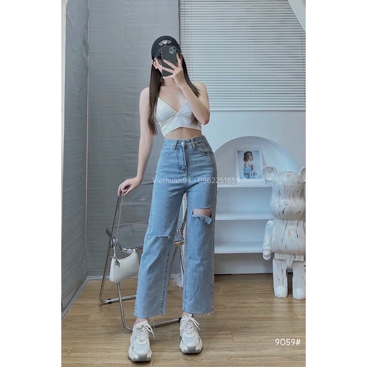 Quần Jeans Ống Đứng Giãn Rách Đùi Phong Cách Trẻ Trung Cá Tính