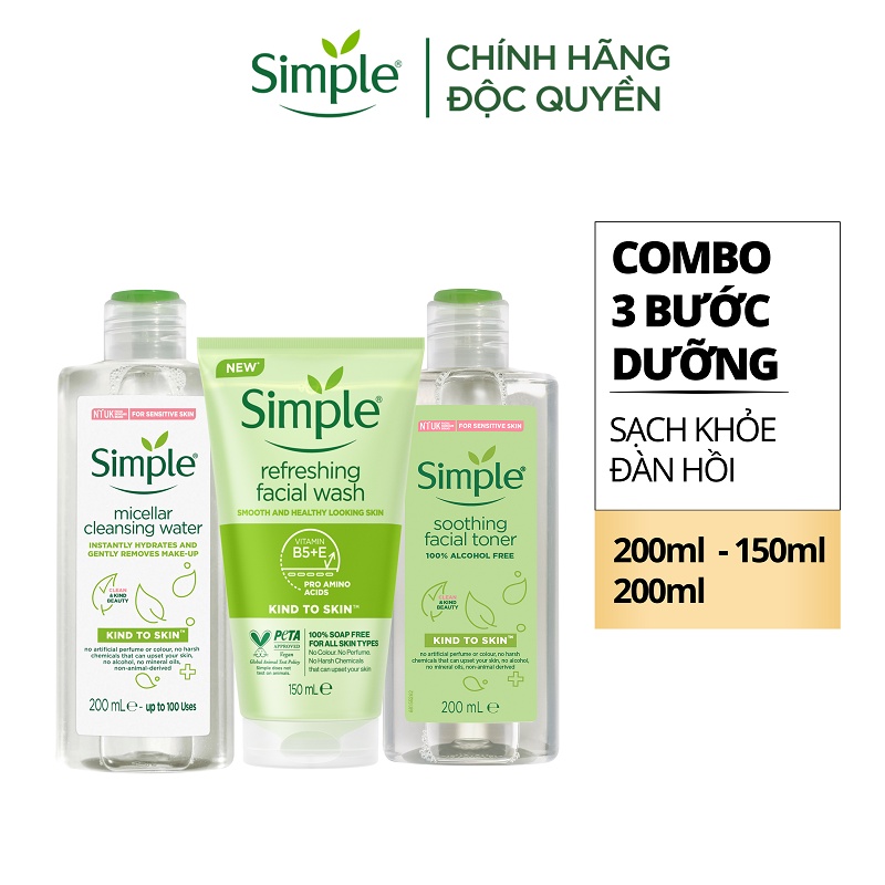 Combo Simple Tẩy trang 200ml + Sữa rửa mặt 150ml + Nước hoa hồng 200ml cho da sạch khỏe đàn hồi [CHÍNH HÃNG ĐỘC QUYỀN]