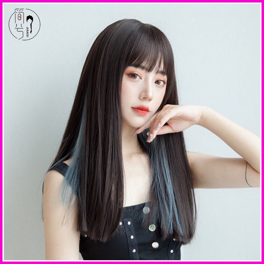 Tóc giả nữ nguyên đầu cao cấp thẳng light xanh xu hướng 2021