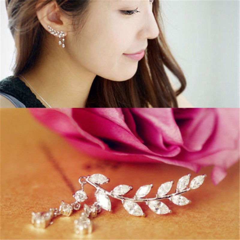 Khuyên tai chuỗi hình lá đính đá zircon sang trọng