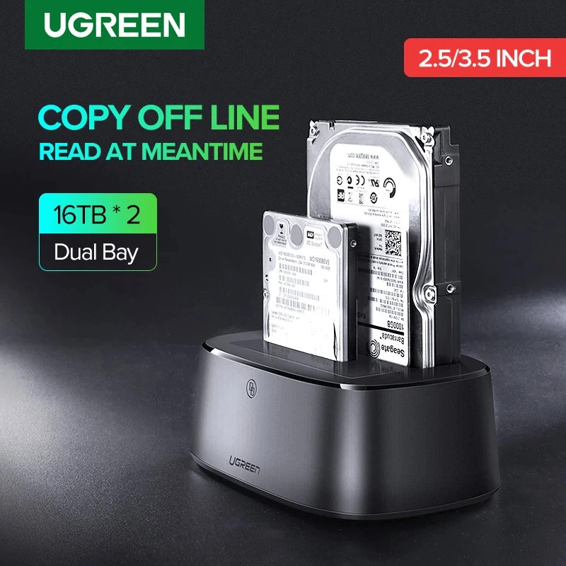 HDD Docking hộp đựng ổ cứng đôi 2.5/3.5 inch Sata/USB 3.0 hỗ trợ 16TB Ugreen 50854 cao cấp - Hàng Chính Hãng