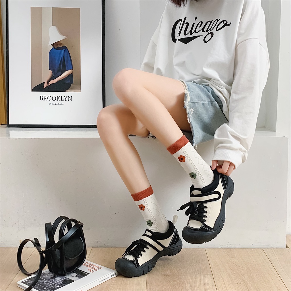 WAFNHA D571 Vớ Nữ Họa Tiết Sọc Ca Rô/ Hoa/ Trái Tim Phong Cách Mới Cho Nữ