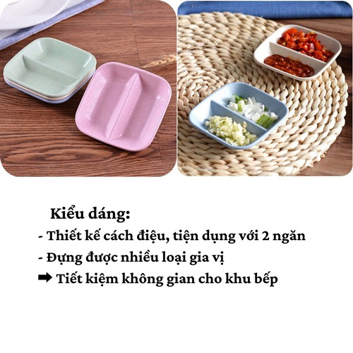 Đĩa gia vị  Đĩa chấm đựng gia vị nước chấm 2 ngăn giá rẻ lúa mạch an toàn cho sức khỏe (giao màu ngẫu nhiên)