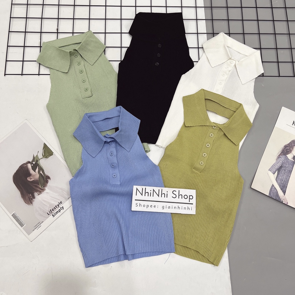Áo len yếm cổ đức cài cúc dáng ôm, Áo kiểu sát nách len mỏng cổ bẻ AL1214 - NhiNhi Shop